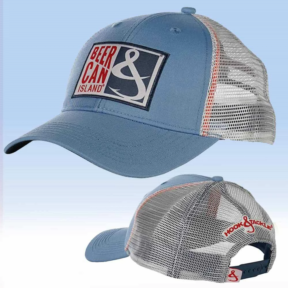 Hook & Tackle Beer Can Island Fishing Trucker Hat Sky Blue Clothing & Gifts